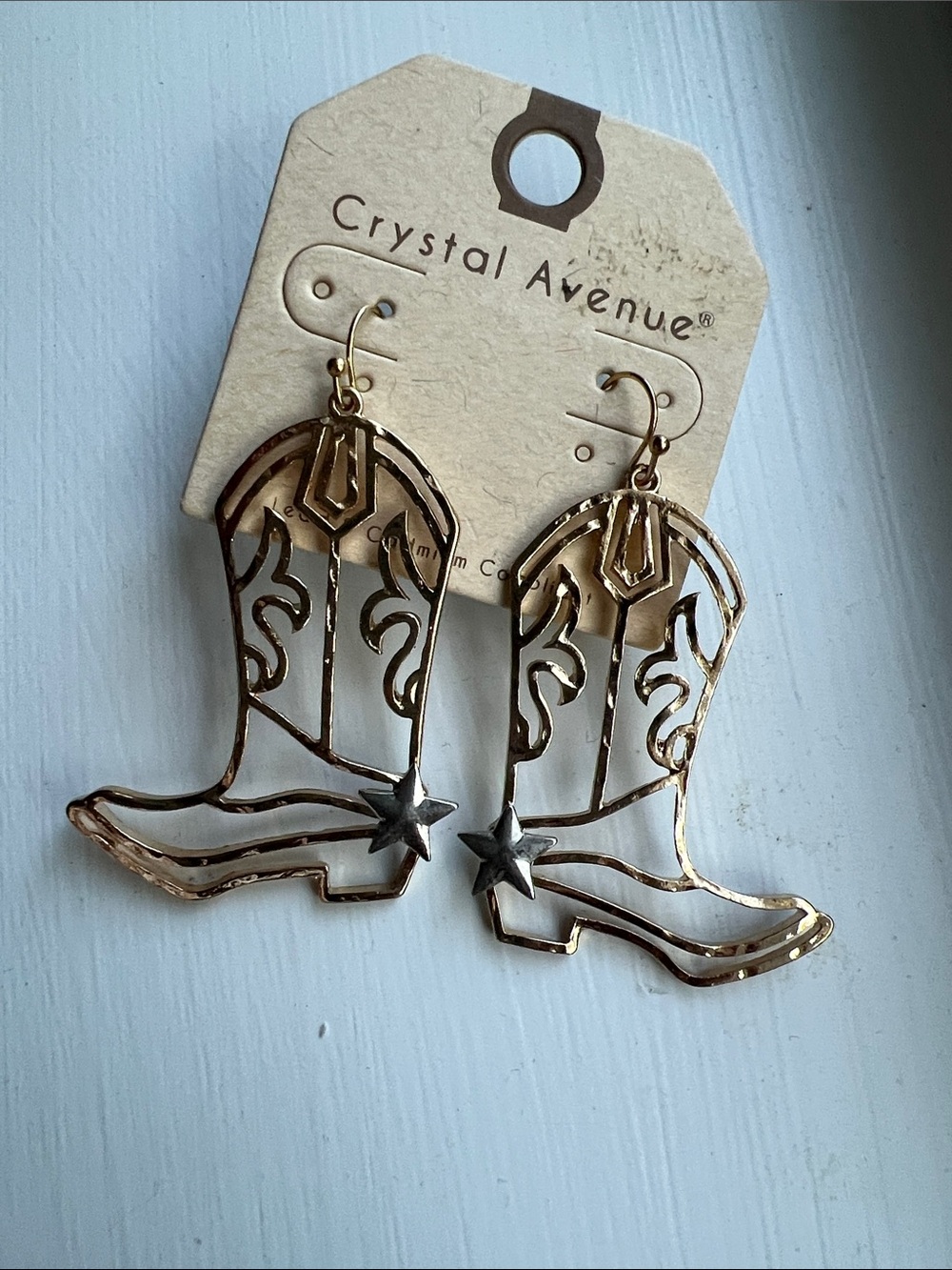 Cowboy Boots Gold Pierced Earrings With Silver Star NWT